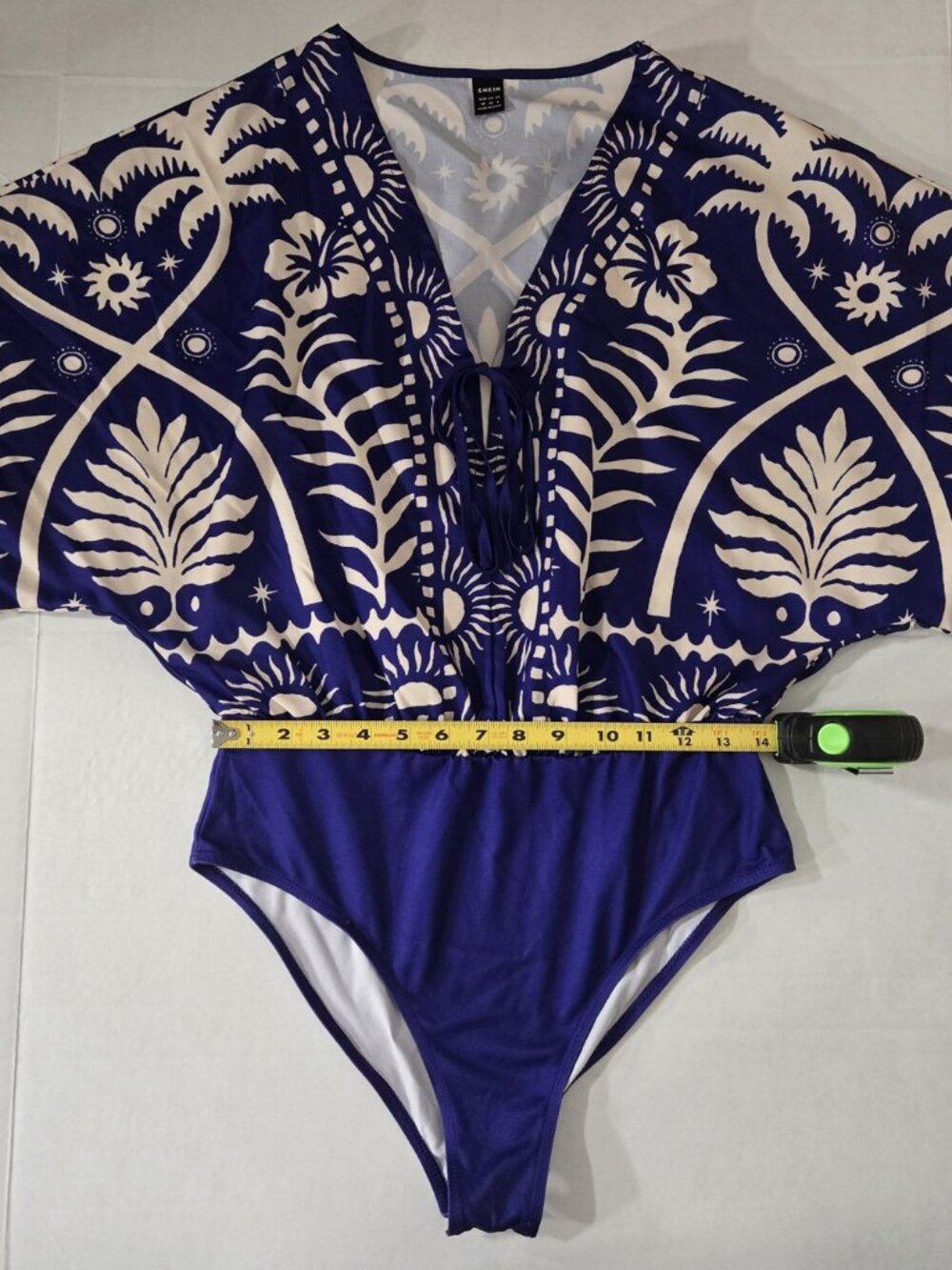 SHEIN Women's M Blue Tropical Print Batwing Sleeve V-Neck Tie Front Bodysuit